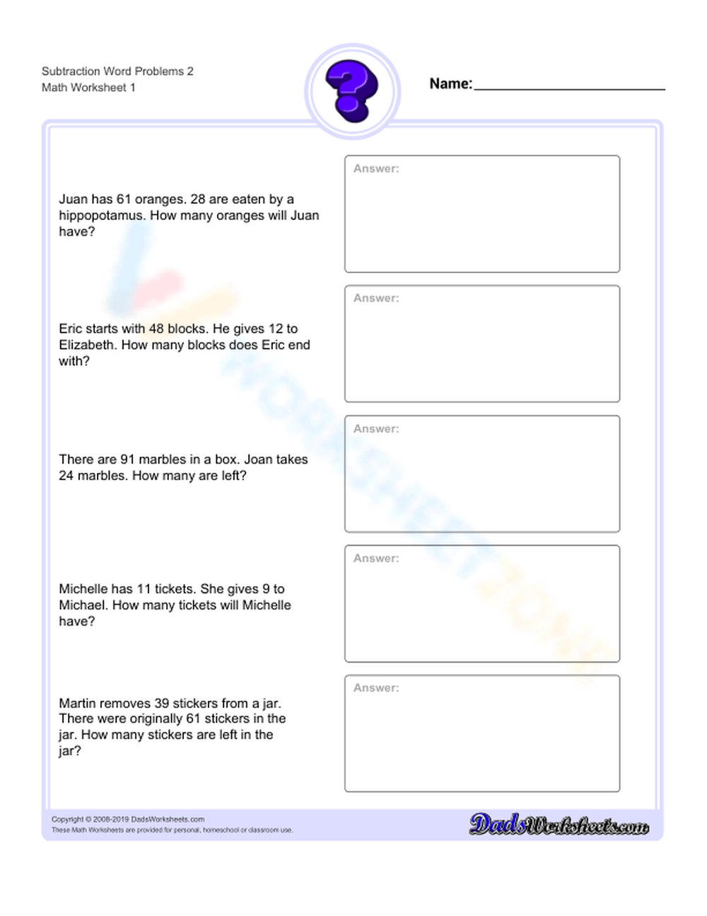 Substraction Word Problems Worksheet Zone 2020