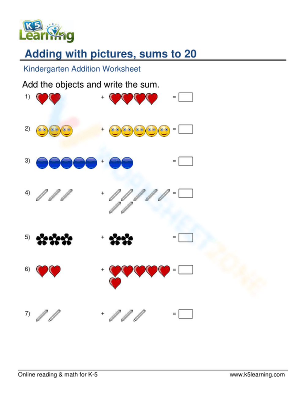 Adding Using Objects, Add The Objects (up To 20) With Pictures Worksheet