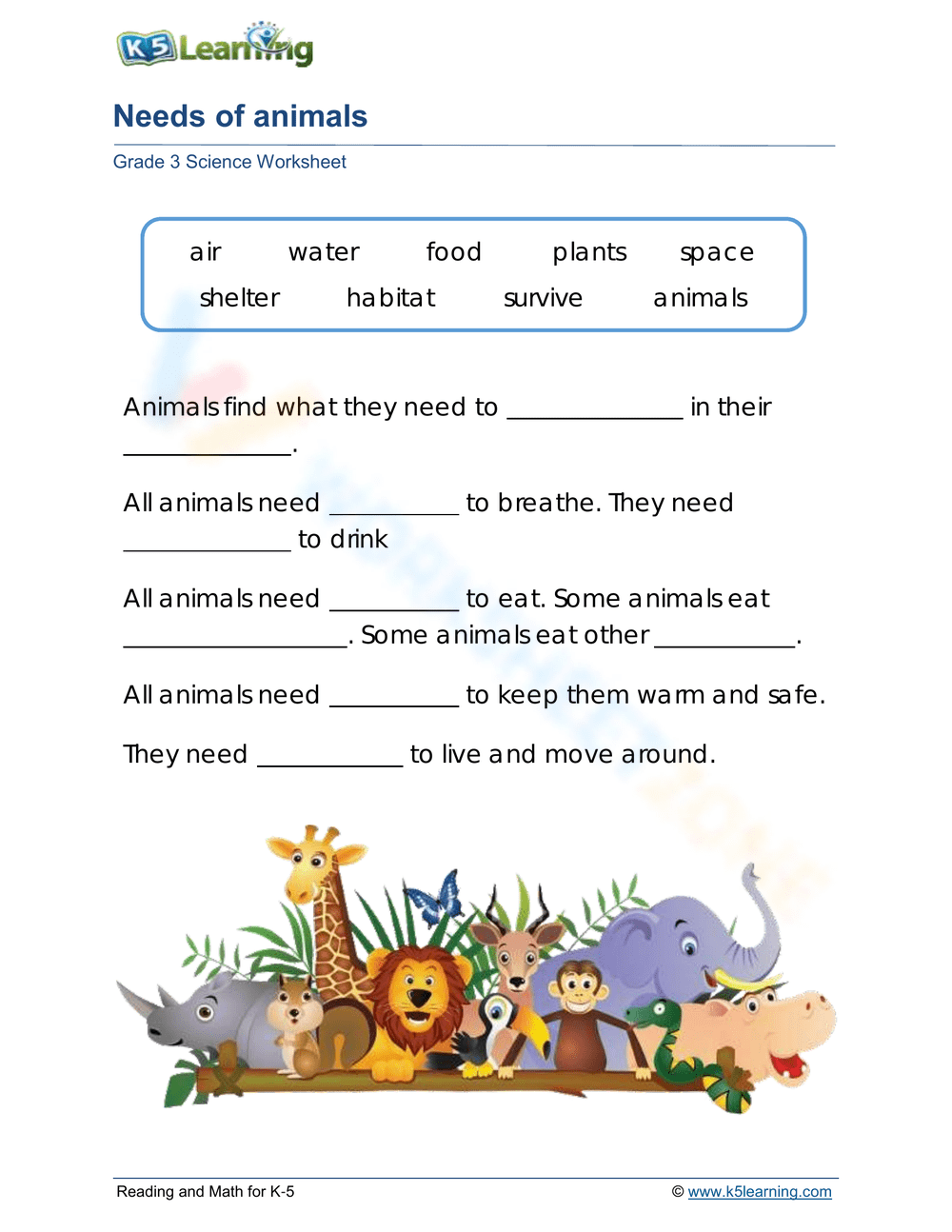 Needs Of Animals Worksheet