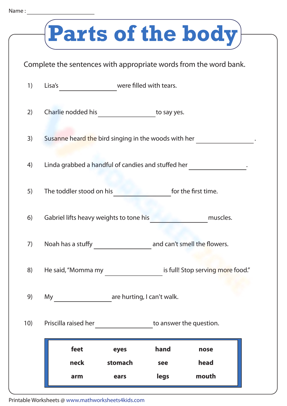 Parts Of The Body Fill In The Blanks Worksheet 7338