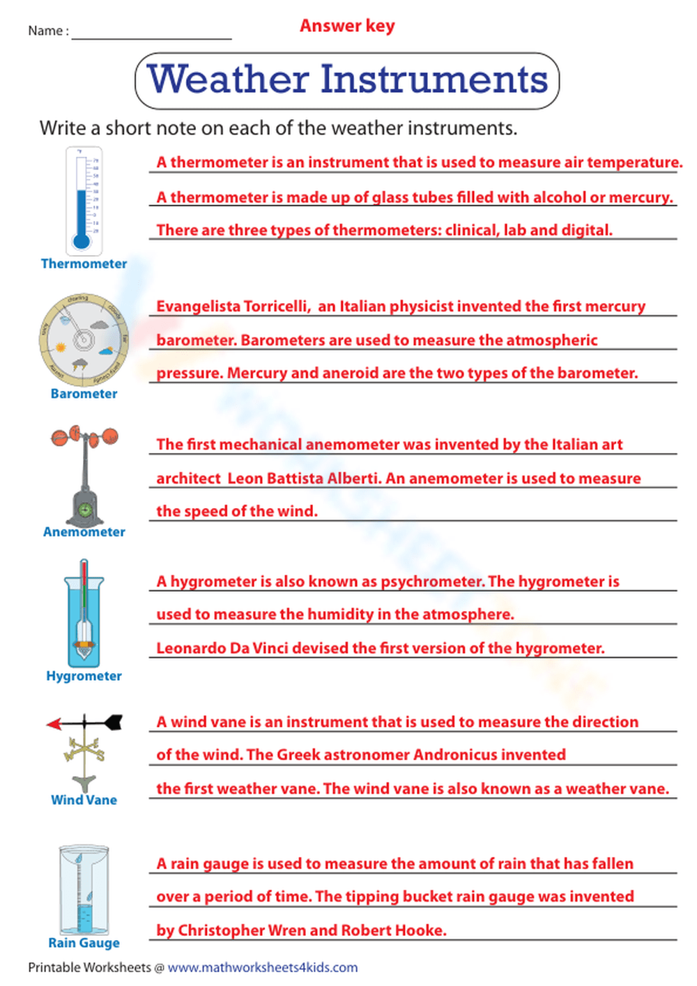 Weather Instruments  Worksheet Worksheet