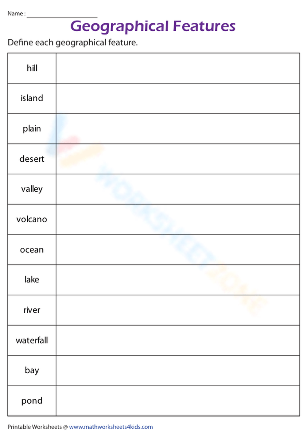 Hills and Volcano definition worksheet