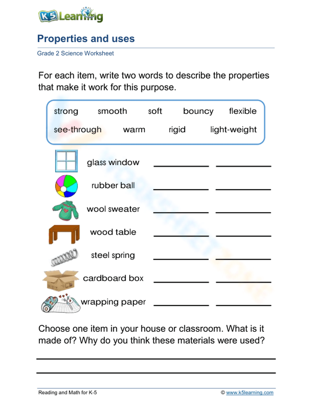 Household items worksheet for Grade 2