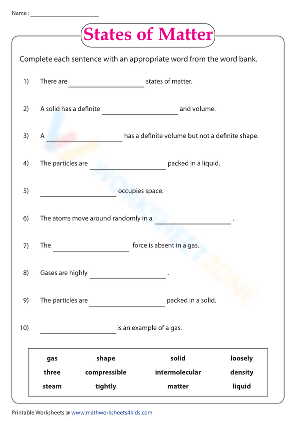 States Of Matter | Fill In The Blanks Worksheet