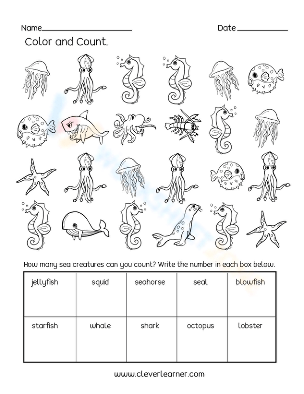 Ocean Animals - Color And Count Worksheet