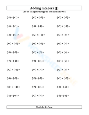 Integers addition (all parentheses) from -9 to 9 (10)
