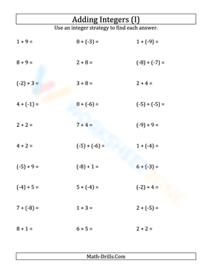 Integers addition (Negative parentheses) from -9 to 9 (9)