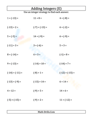Integers addition (Negative parentheses) from -15 to 15 (5)