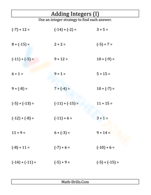 Integers addition (Negative parentheses) from -15 to 15 (9)
