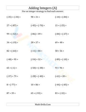 Integers addition (Negative parentheses) from -99 to 99 (1)
