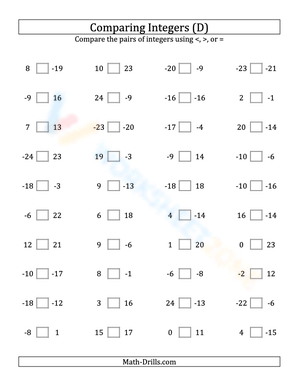 Integers comparing from -25 to 25 (4)