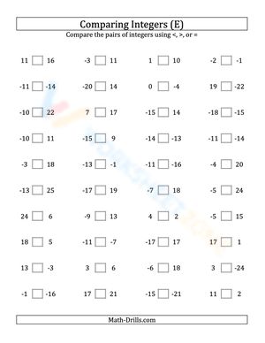 Integers comparing from -25 to 25 (5)