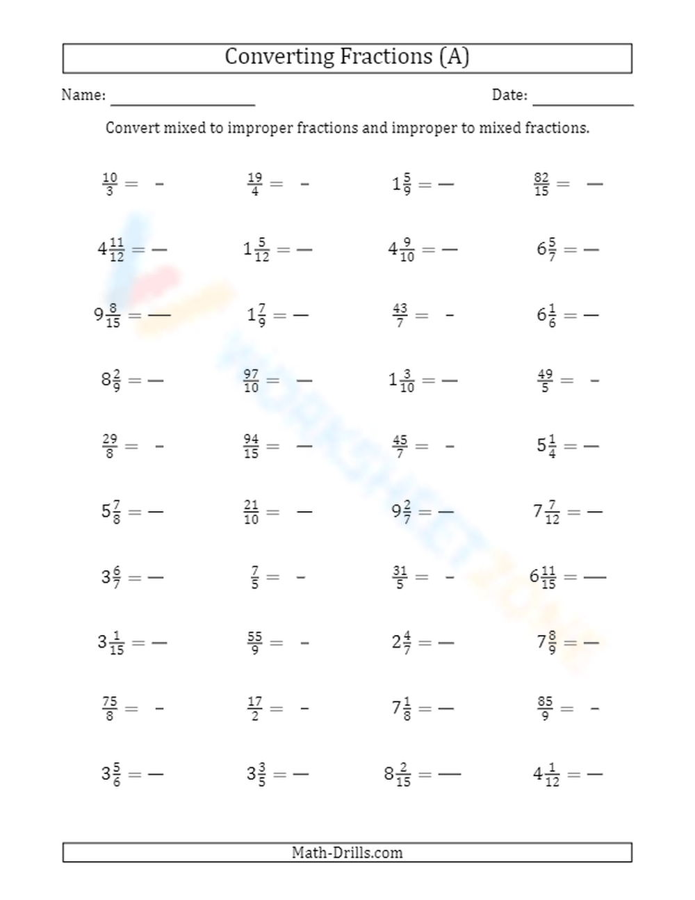 Convert Between Mixed Fractions And Improper Fractions 1 Worksheet Convert Between Mixed Fractions And Improper Fractions 1 Worksheet