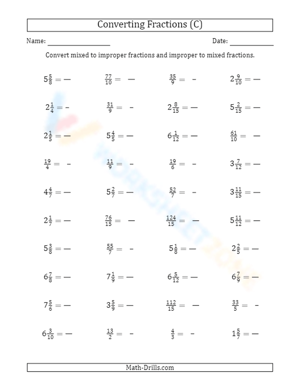 Convert Between Mixed Fractions And Improper Fractions 3 Worksheet Convert Between Mixed Fractions And Improper Fractions 3 Worksheet