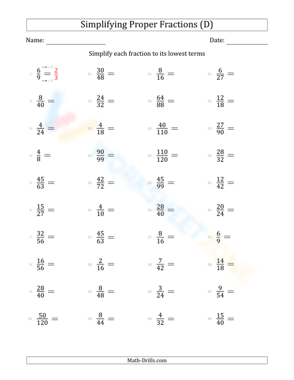 Simplify Fractions easy 4 Worksheet simplify-fractions-easy-4-worksheet
