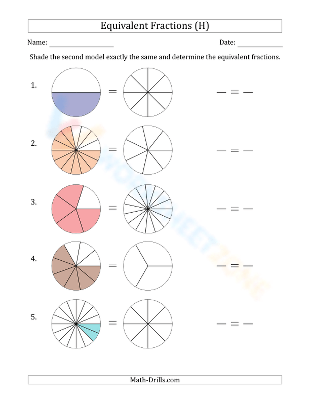 Fractions Equivalent Test Using Models (8) Worksheet
