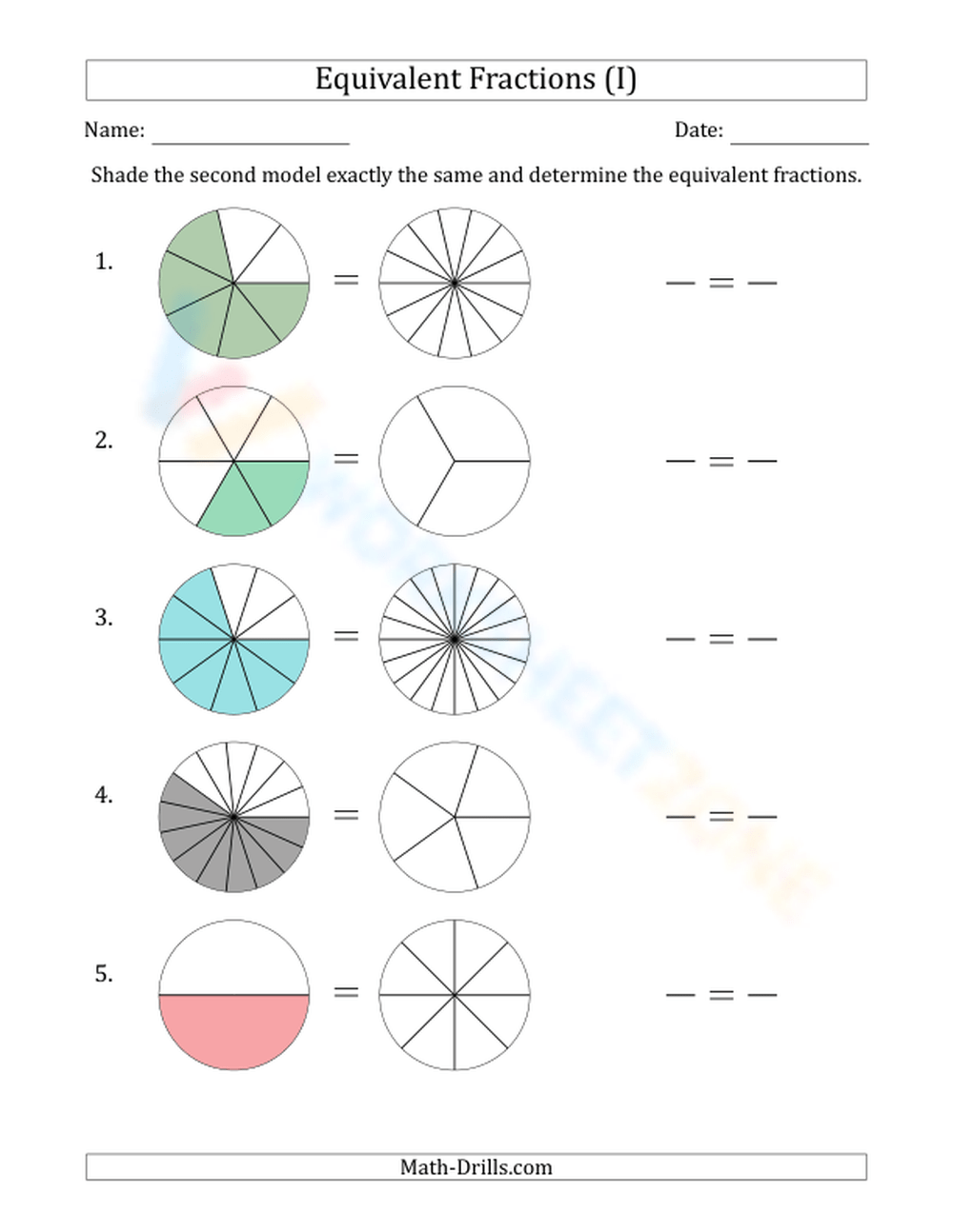 Fractions Equivalent Test Using Models (9) Worksheet