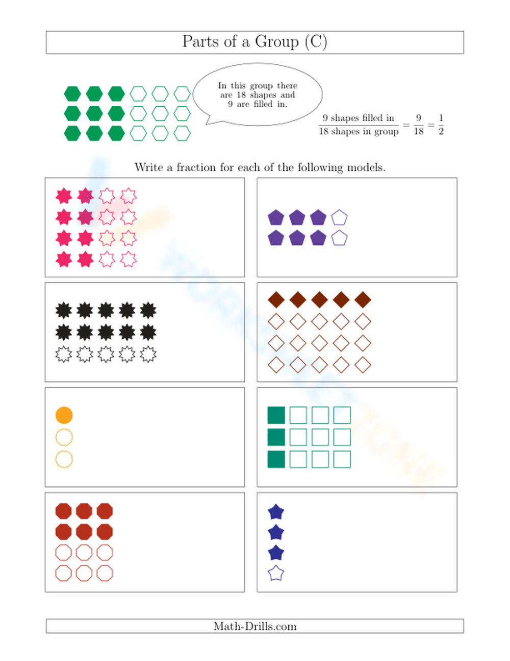Modeling Fractions With Groups Of Shapes Worksheet