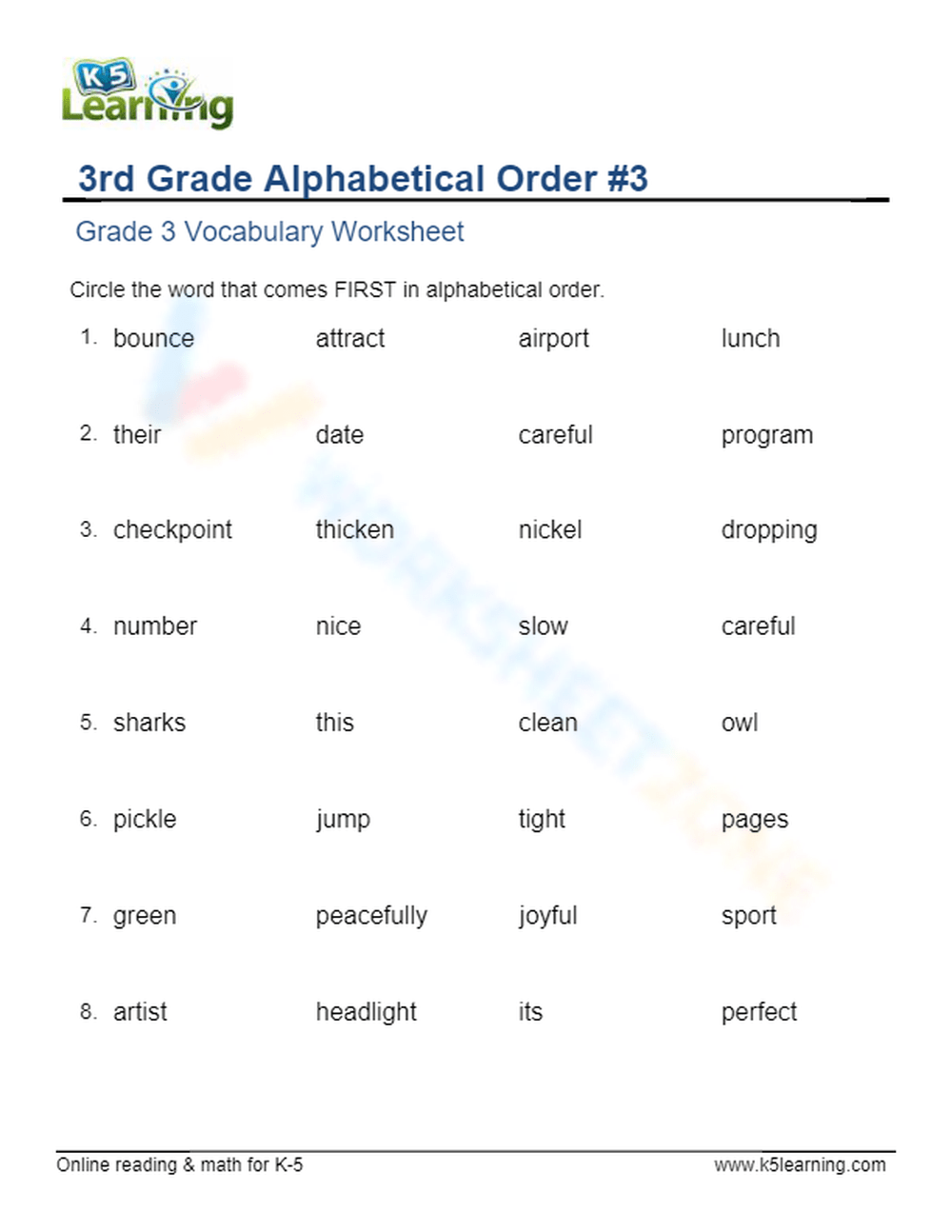 Grade 3 - Alphabetical Order - Circle 3 Worksheet