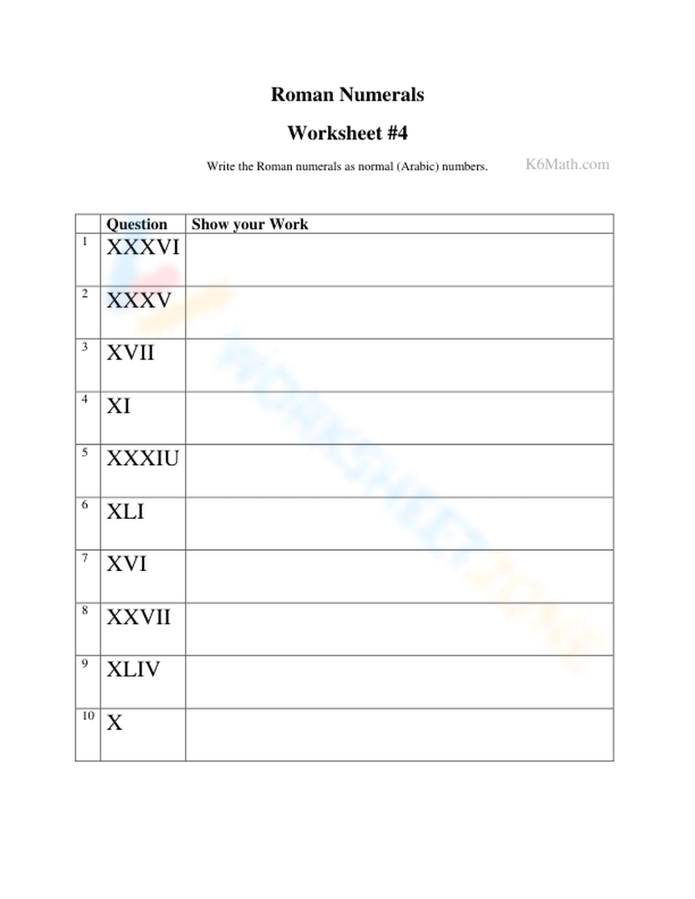 class 4 roman numerals worksheet