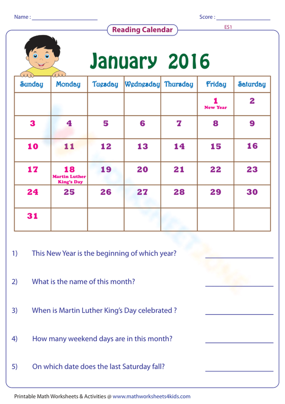 Reading Calendar Month Easy Worksheet