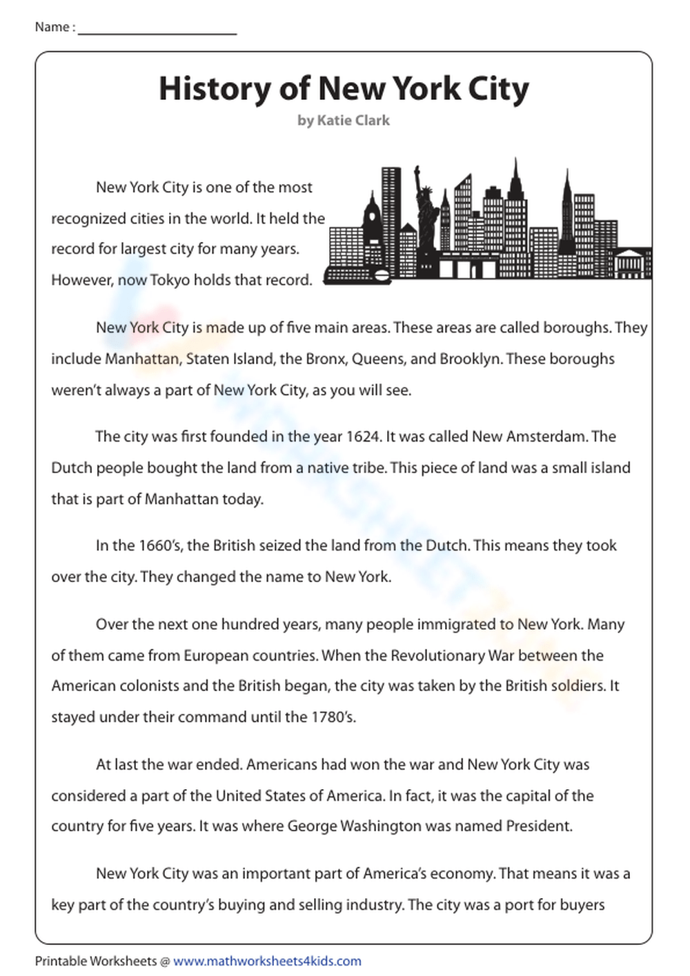 History Of New York City Worksheet