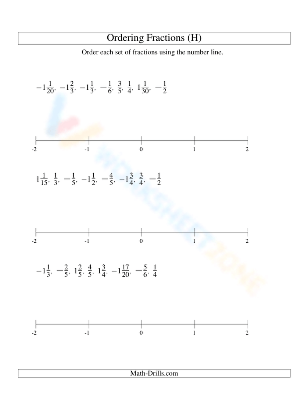 ordering fractions number line worksheet