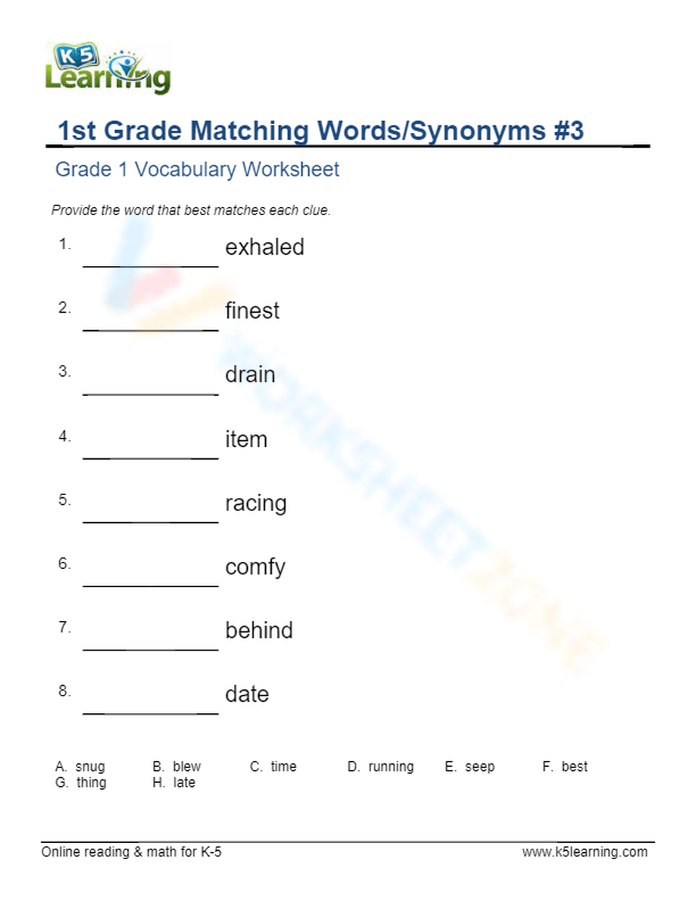 1st Grade Matching Words/Synonyms 3 Worksheet