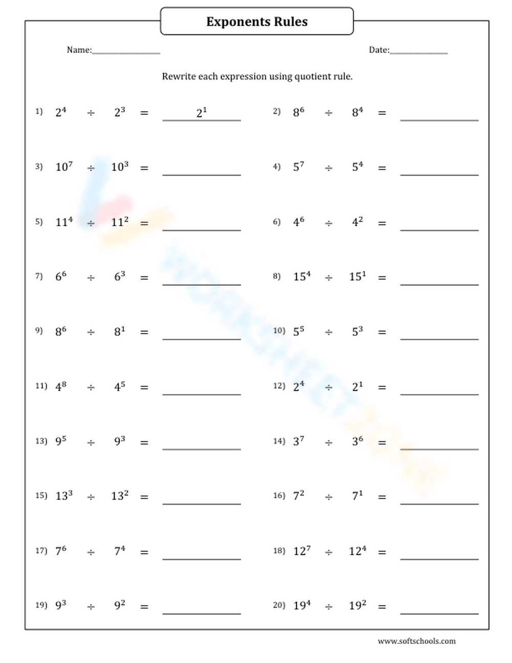 Exponents Rules 7 Worksheet