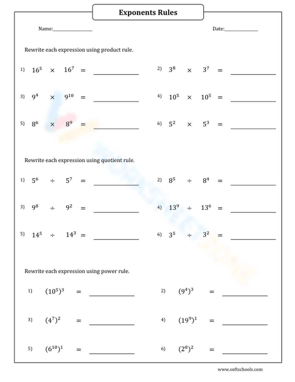 Exponents Rules 12 Worksheet