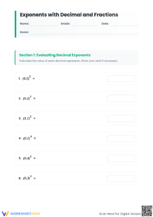 Printable Exponents with Decimal and Fractions Worksheet