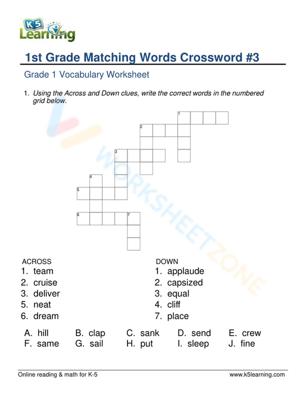 Synonym crosswords for grade 1 worksheets