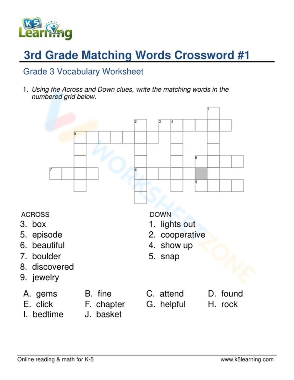 Synonym crosswords for grade 1 worksheets