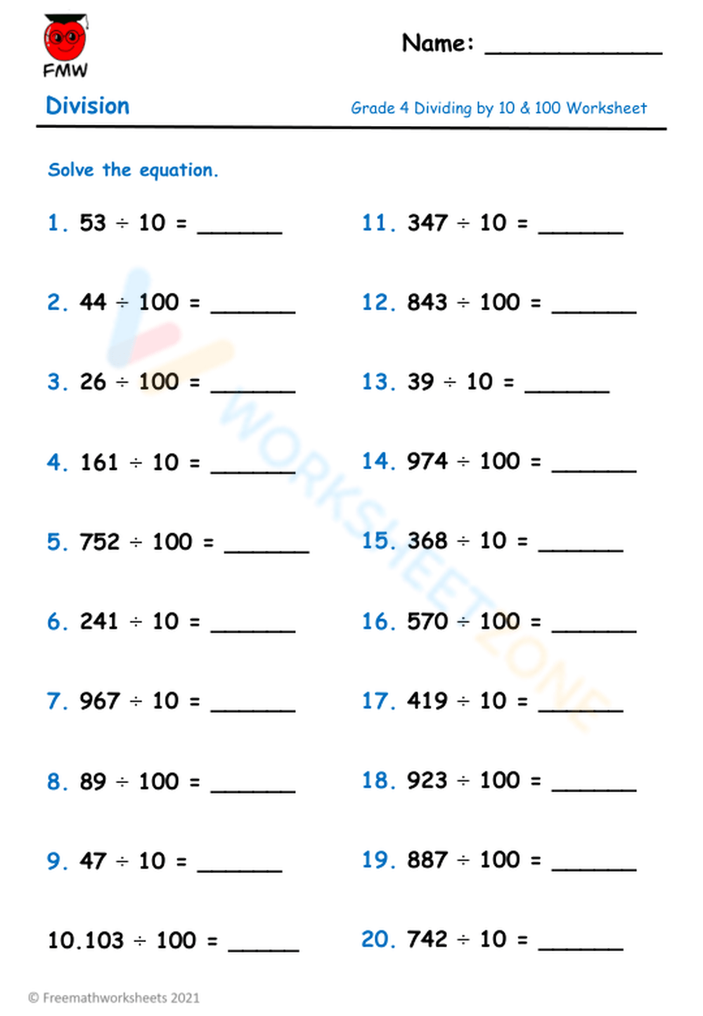 divide by 10 and 100 worksheet