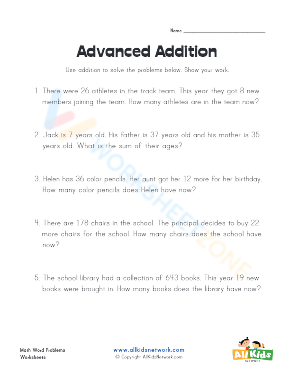 Advanced Addition Word Problems 2 Worksheet 0213