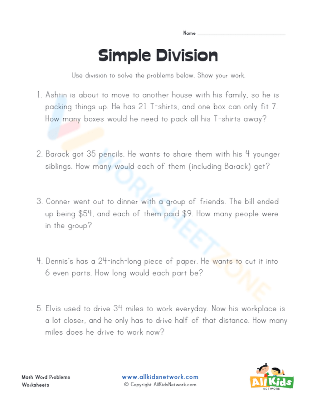 Simple Division Word Problems 1 Worksheet