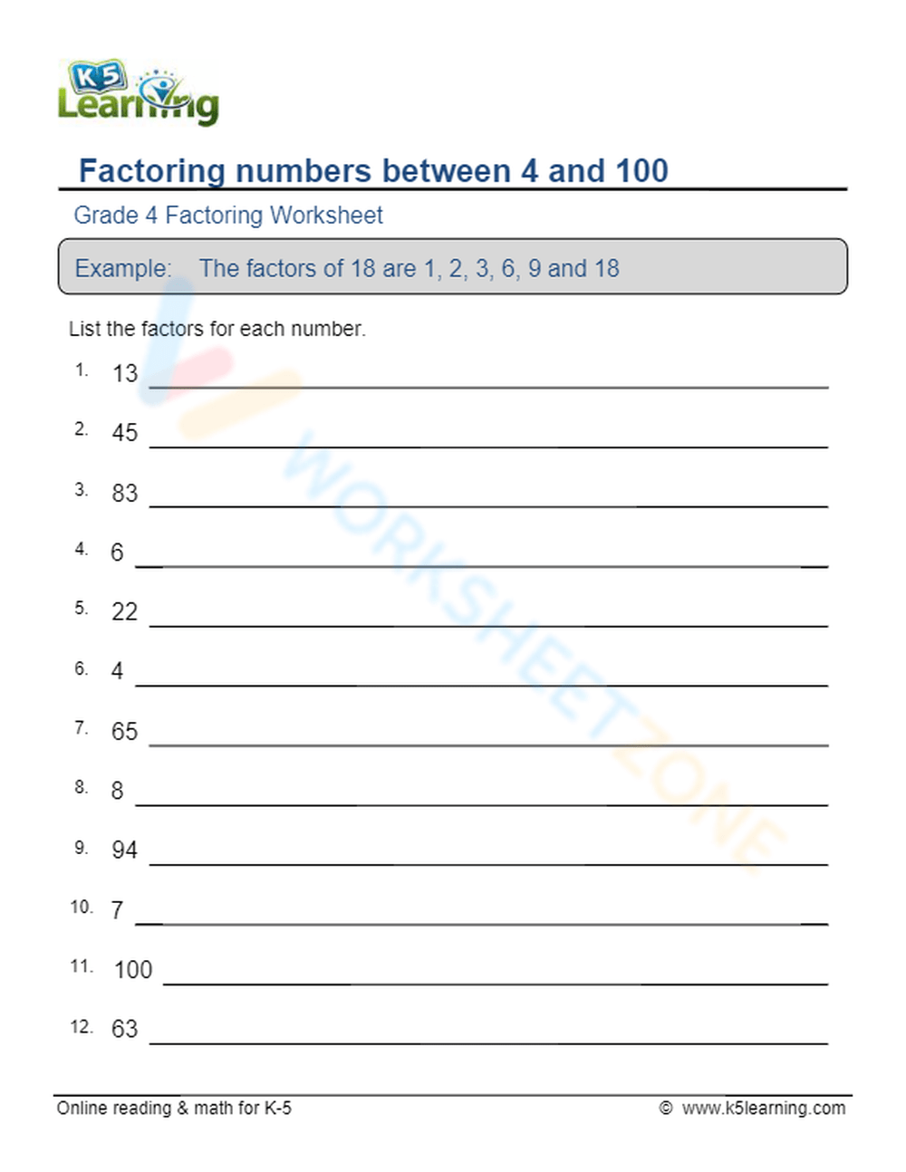 Factoring numbers between 4 and 100 5 | Worksheetzone