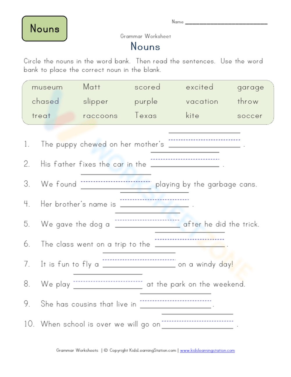 Nouns - Fill In The Blank 2 Worksheet