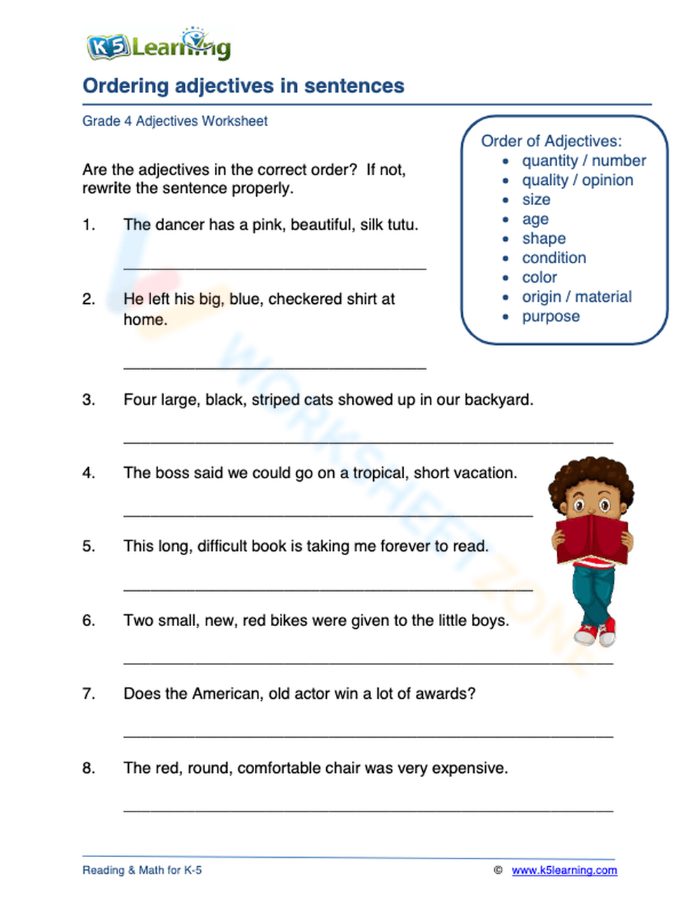 Ordering Adjectives In Sentences Worksheet