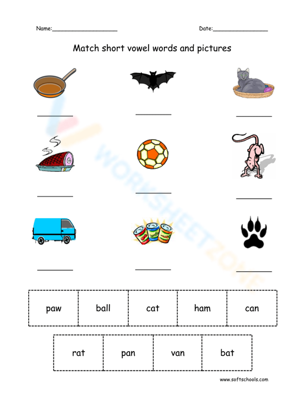 Match Short Vowel Words And Pictures Worksheet