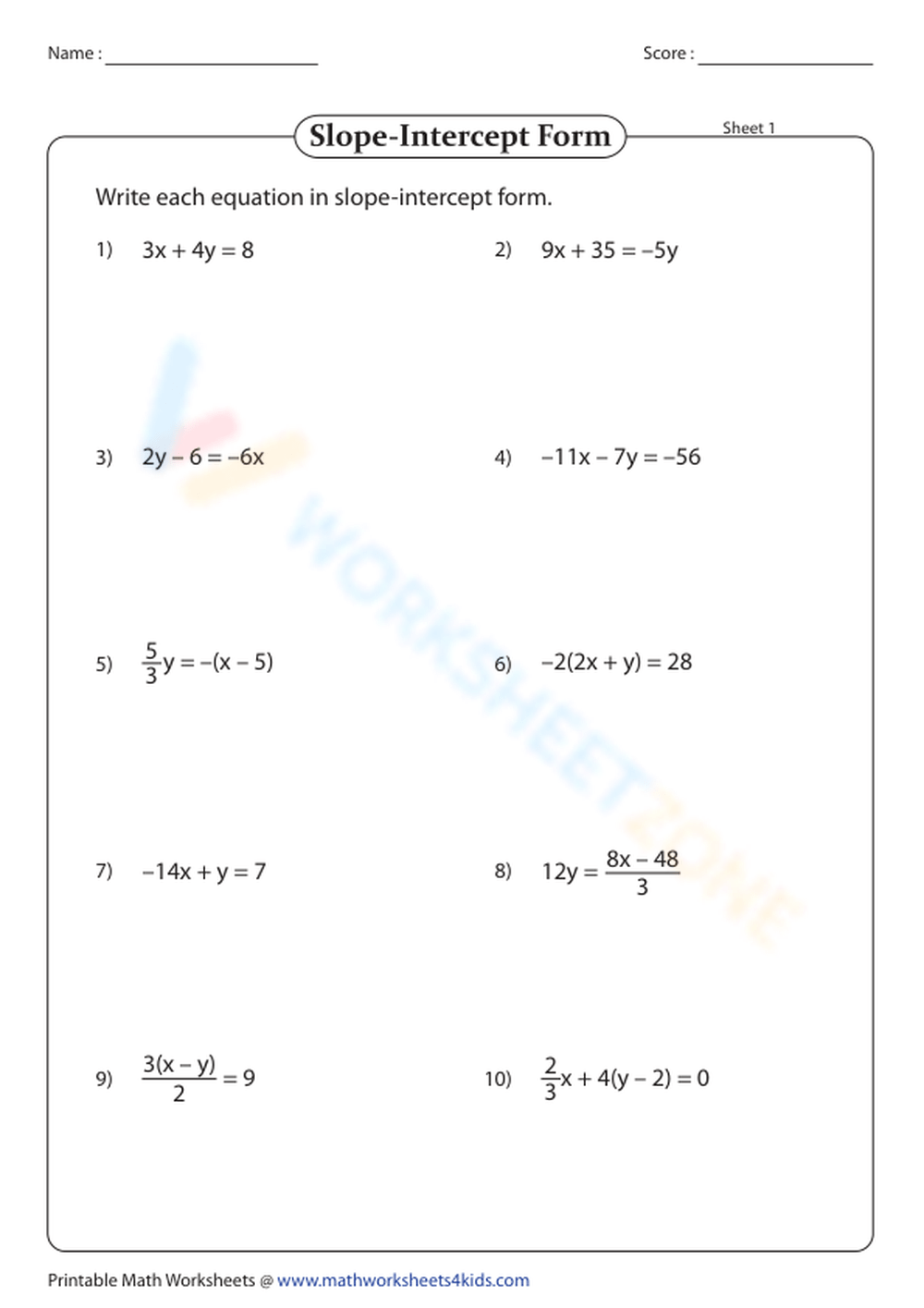 Convert To Slope Intercept Form Worksheet