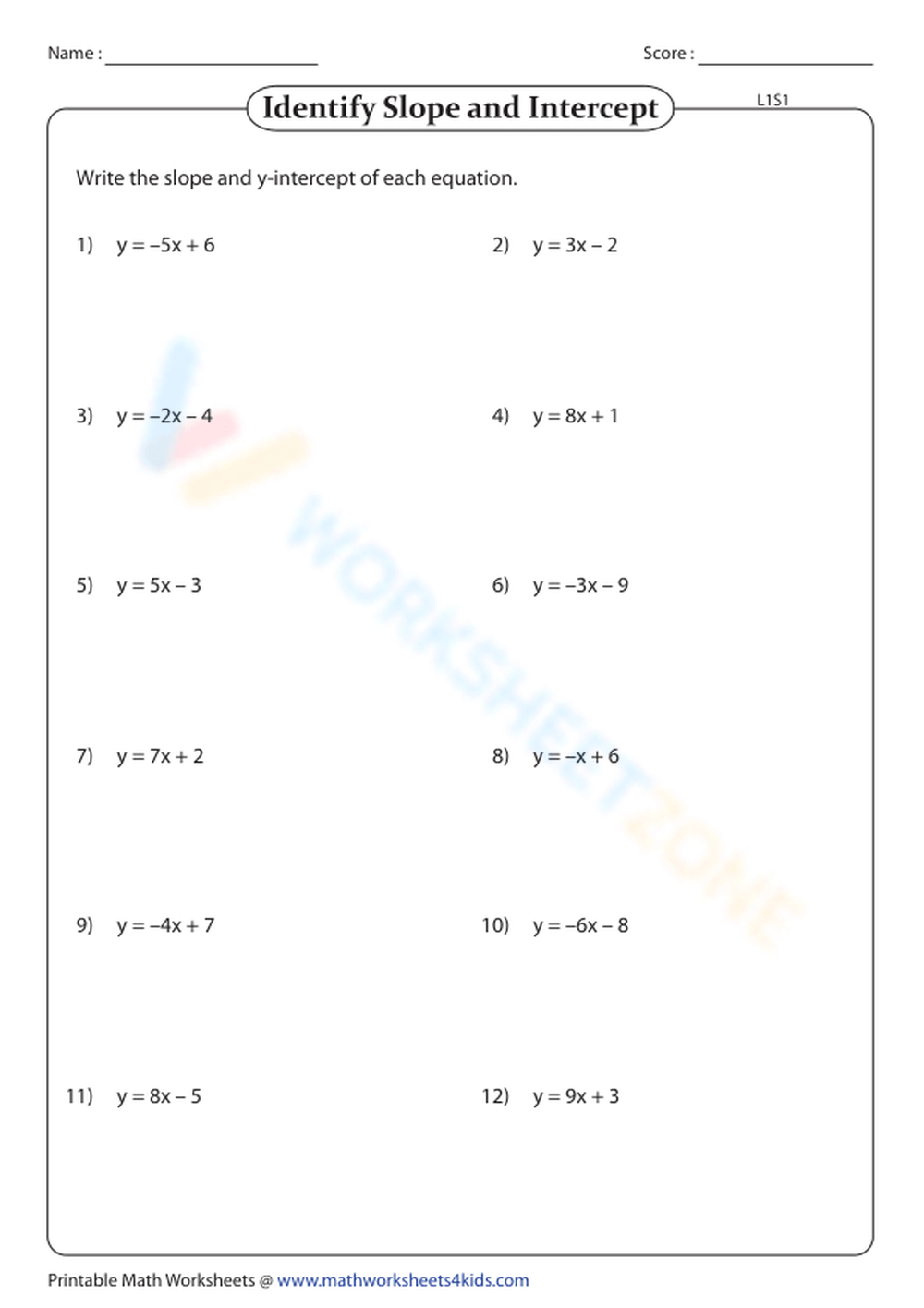 Slope Intercept Form Worksheet 3228