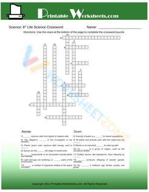 6th Grade Science Life Science Crossword