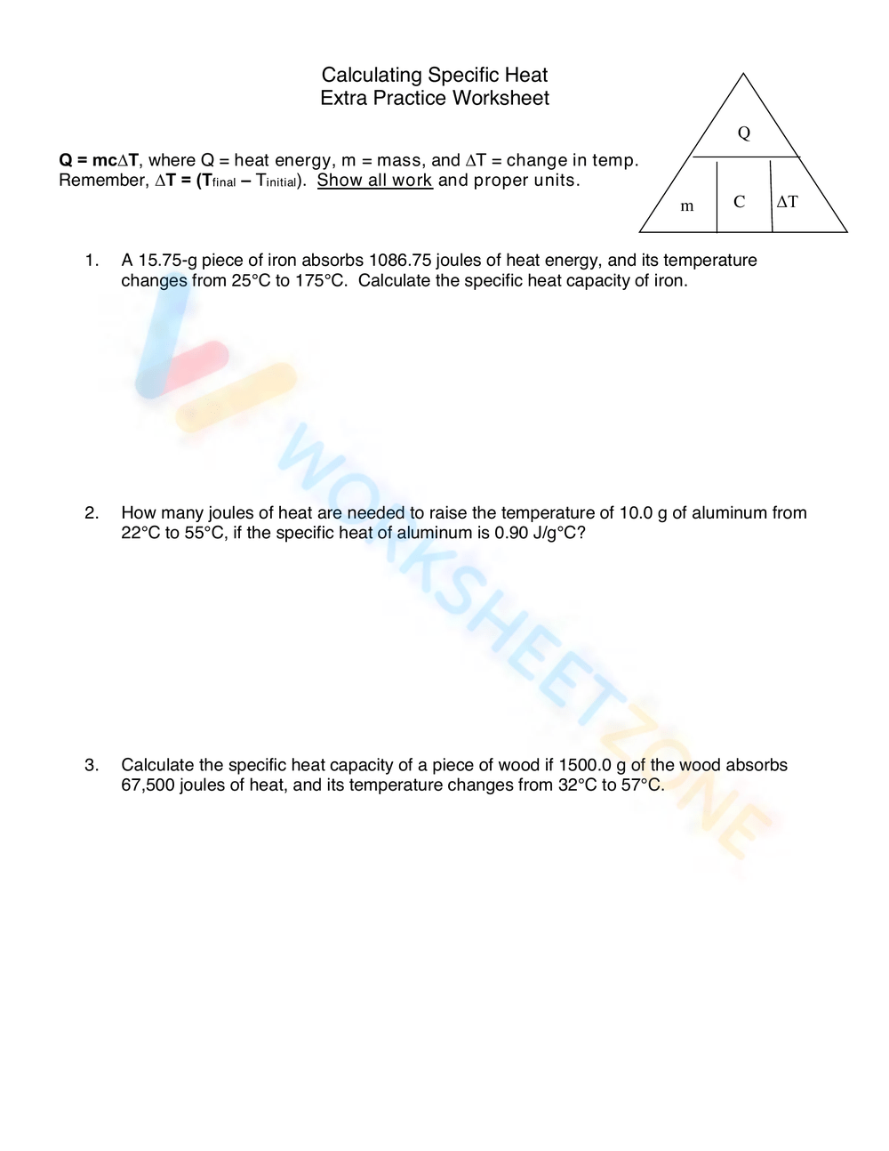 Calculating Specific Heat Worksheet