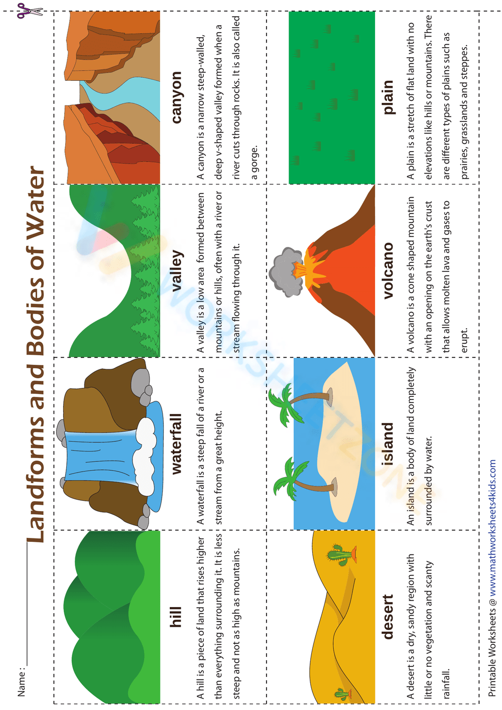 Hills and Volcano definition worksheet