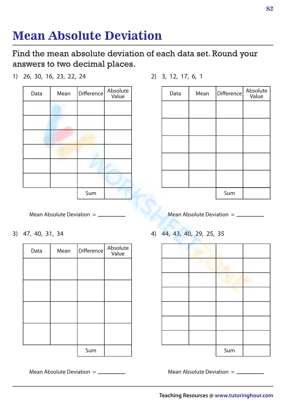 Mean Absolute Deviation worksheets