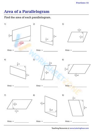 Finding Area of a Parallelogram - Fractions | Worksheet #1
