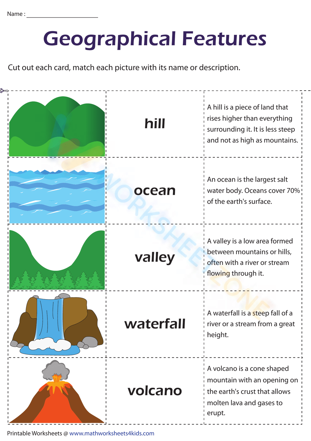 Hills and Volcano definition worksheet