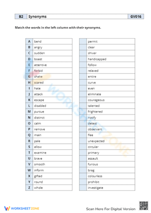 Interactive Synonym Matching Activity Worksheets