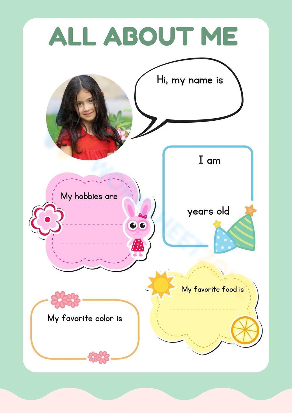 Green Colorful Illustrative All About Me Worksheet